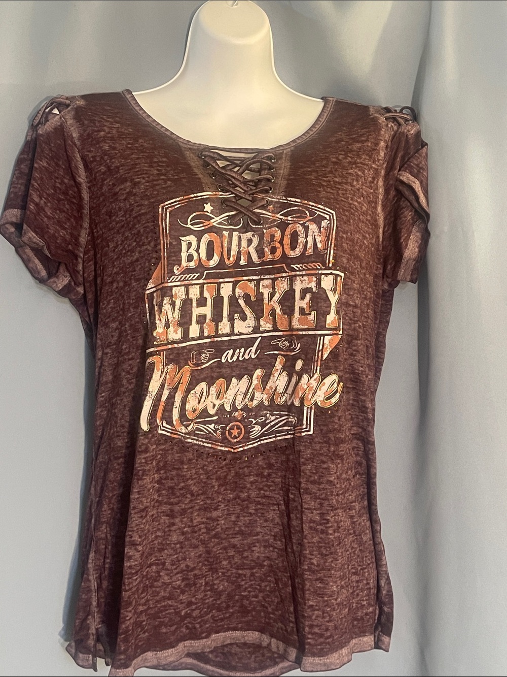 Women's Lace-Up Brown Graphic Tee - Bourbon Whiskey & Moonshine